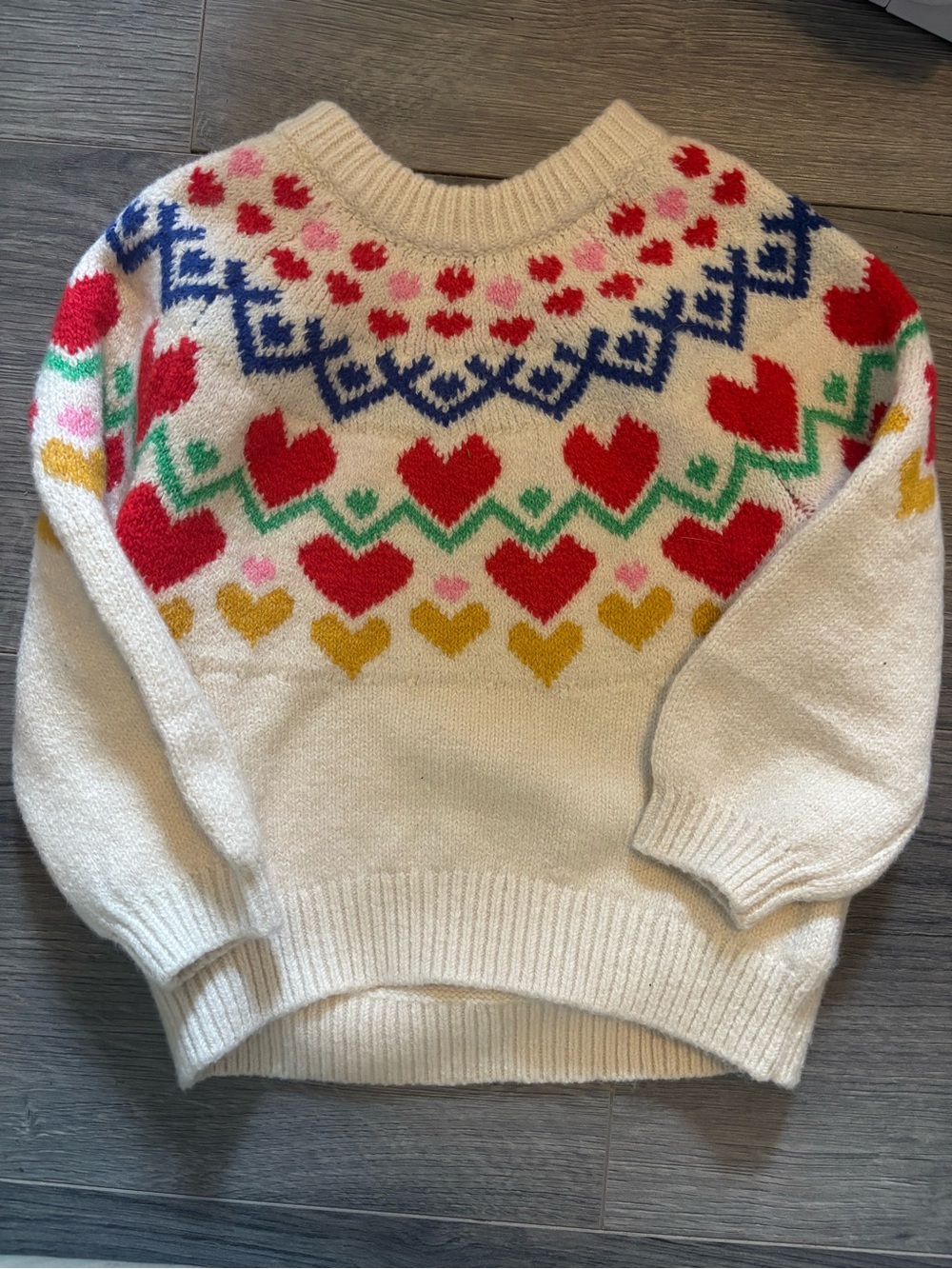 Old Navy Cream Crewneck Sweater with Red, Blue, Green, Yellow & Pink Hearts